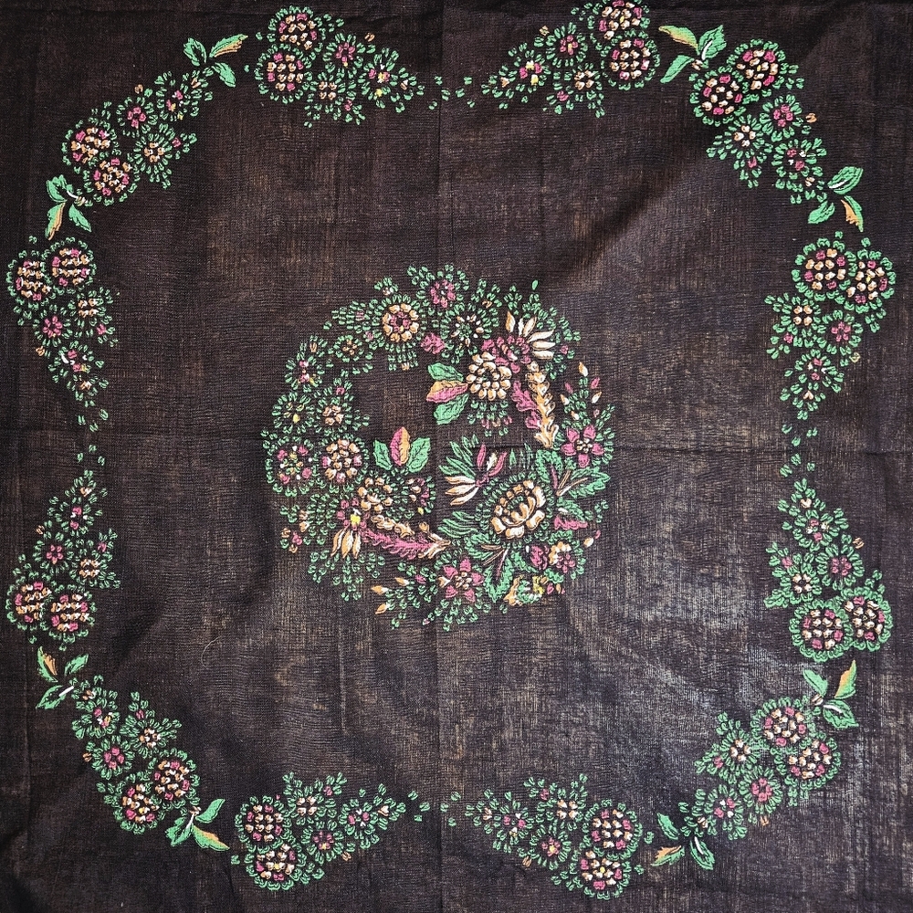 Vintage Black Cotton Square Shawl/Scarf With Printed Floral Design - Picture 7 of 8